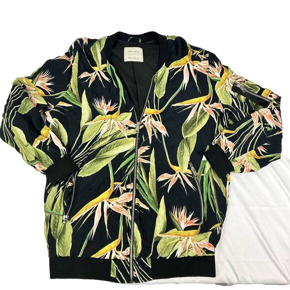 Zara Basic Outerwear Womens Xs Floral Zip Up Bomber Jacket Tropical Oversized - Picture 4 of 10